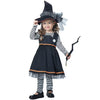 Child wearing a Halloween witch costume with a hat, dress, and broomstick on a white background
