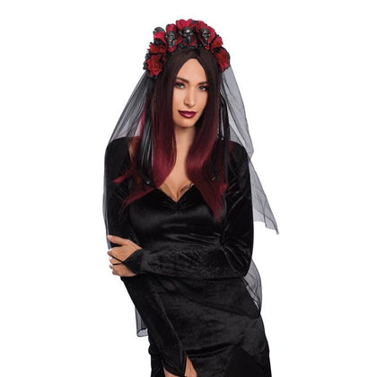 black veil with red flowers and skulls