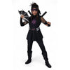 Person in a black and white ninja costume with weapons on a white background