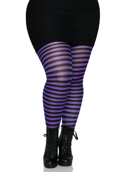 Plus Size Nylon Black & Purple Striped Tights