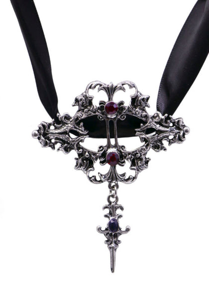 Black ribbon necklace with ornate silver 