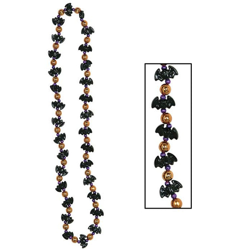Halloween-themed necklace with black bats and orange beads on a white background
