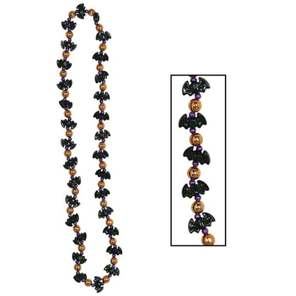 Halloween-themed necklace with black bats and orange beads on a white background
