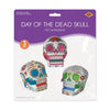 Packaging of Day of the Dead skull decorations with three colorful skulls on a white background.