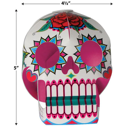 Colorful skull design with measurements on a white background
