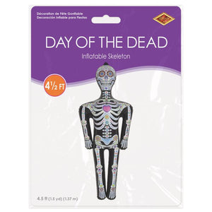 Inflatable skeleton decoration on a purple and white package with text 'Day of the Dead'.