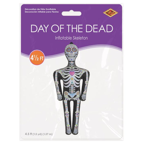Inflatable skeleton decoration on a purple and white package with text 'Day of the Dead'.