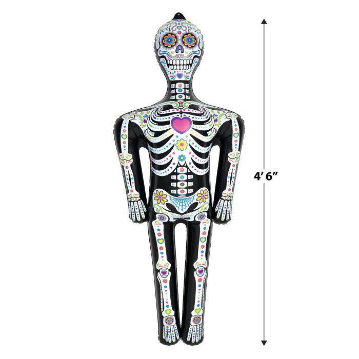 Decorative skeleton figure with colorful design and heart detail, shown with a measurement of 4'6" height.