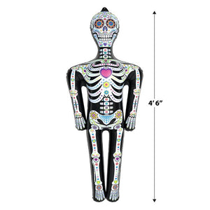 Decorative skeleton figure with colorful design and heart detail, shown with a measurement of 4'6" height.