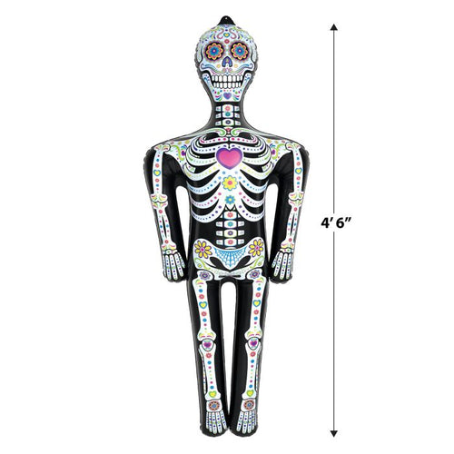 Decorative skeleton figure with colorful design and heart detail, shown with a measurement of 4'6" height.