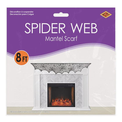 Package of spider web mantel scarf with fireplace background
