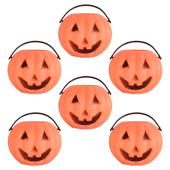 Set of six orange Halloween candy buckets with jack-o'-lantern faces on a white background