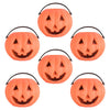 Set of six orange Halloween candy buckets with jack-o'-lantern faces on a white background