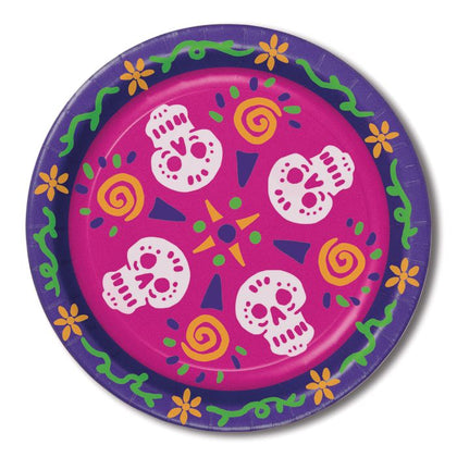Colorful paper plate with skull design on a white background