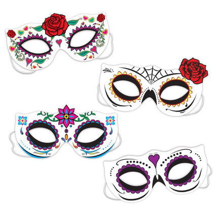Four colorful sugar skull masks with floral designs on a white background
