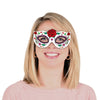 Person wearing a colorful eye mask with floral designs on a white background
