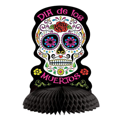 Decorative skull with 'Dia de los Muertos' text and colorful design on a white background