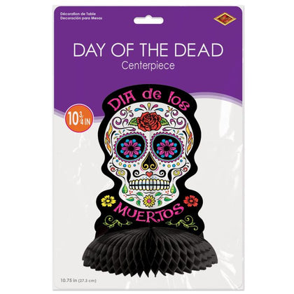 Day of the Dead skull centerpiece packaging with purple background