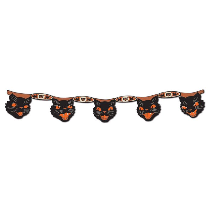 Halloween-themed banner with black cat faces on a white background