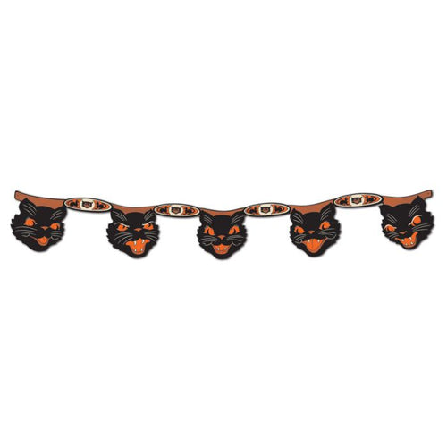 Halloween-themed banner with black cat faces on a white background