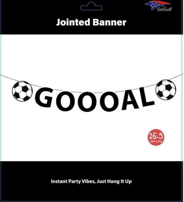 GOOOAL banner with soccer ball symbols on a white background
