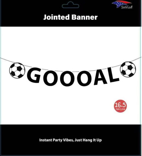 GOOOAL banner with soccer ball symbols on a white background