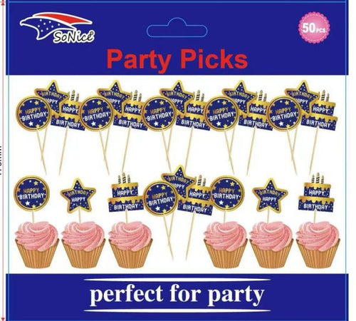 Party PICKS 50CT HAPPY BIRTHDAY Navy & Gold