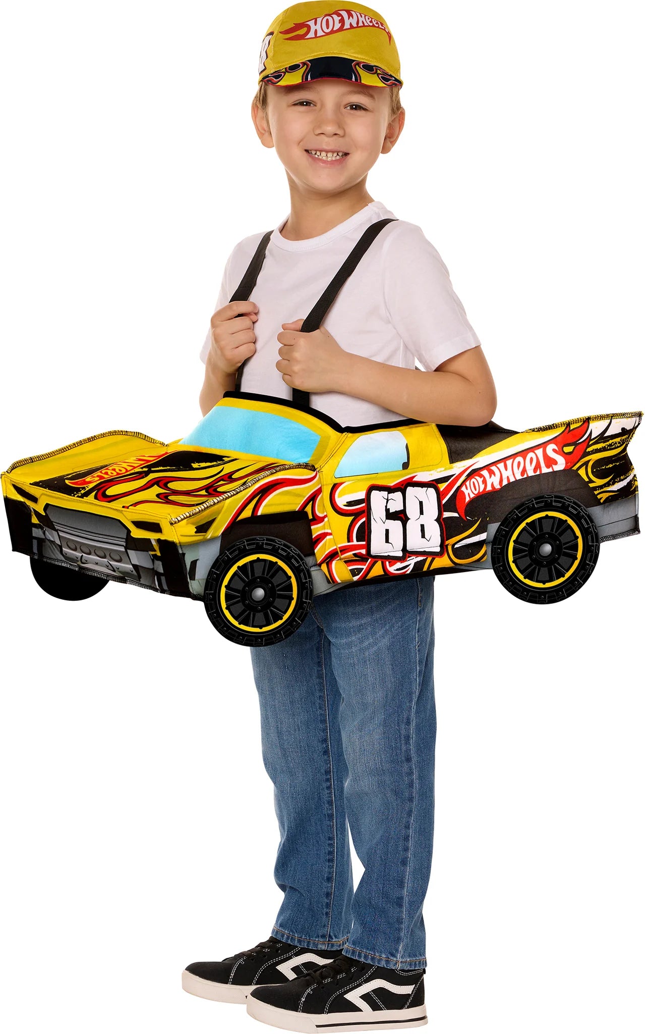 Child holding a toy car with flames and '68' on a white background