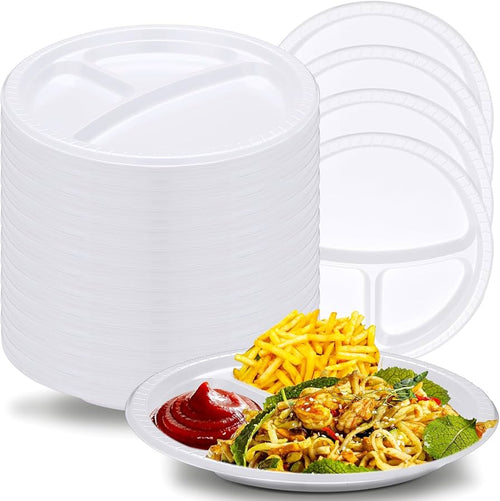 White plastic food container with a plate of pasta and salad on a white background