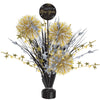 Decorative centerpiece with gold, silver, and black elements for New Year's celebration on a white background.