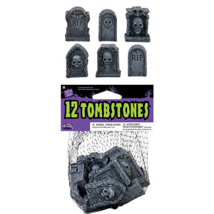 Pack of 12 Halloween tombstone decorations, shown both unpackaged at the bottom in a black mesh bag and arranged individually at the top against a white background. The packaging features a purple and black label with green text reading '12 TOMBSTONES'.