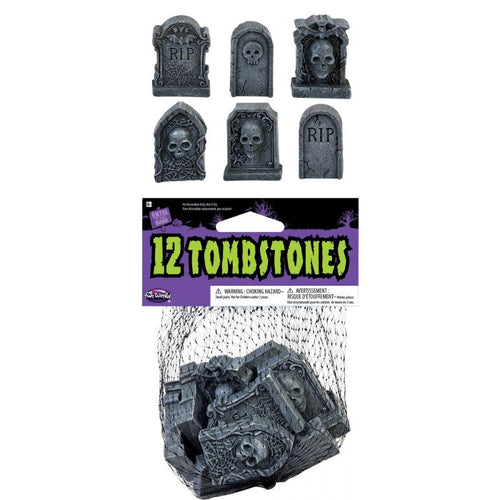 Pack of 12 Halloween tombstone decorations, shown both unpackaged at the bottom in a black mesh bag and arranged individually at the top against a white background. The packaging features a purple and black label with green text reading '12 TOMBSTONES'.