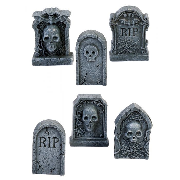 Six gray Halloween tombstone decorations with skull and RIP details, arranged on a plain white background.