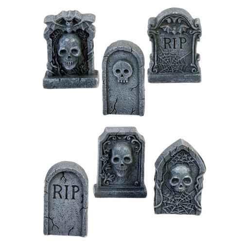 Six gray Halloween tombstone decorations with skull and RIP details, arranged on a plain white background.