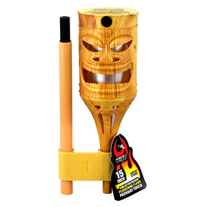 Wooden tiki torch with a face design on a white background