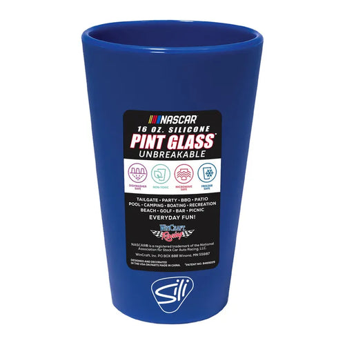 Blue silicone pint glass with Nascar branding on a white background