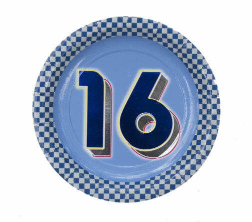 Blue paper plate with number 16 and checkered border on a white background