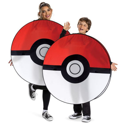 Two people wearing large Poké Ball costumes on a white background