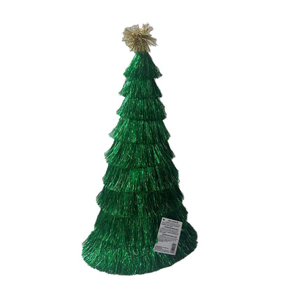 Green tinsel Christmas tree with a gold top on a white background