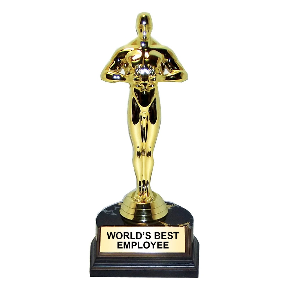 Gold trophy with 'World's Best Employee' on a black base against a white background