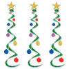 Three green spiral decorations with colorful ornaments and gold stars on a white background