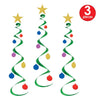 Three spiral Christmas tree decorations with colorful ornaments on a white background.