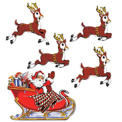 Cartoon Santa Claus in a sleigh with four reindeer on a white background
