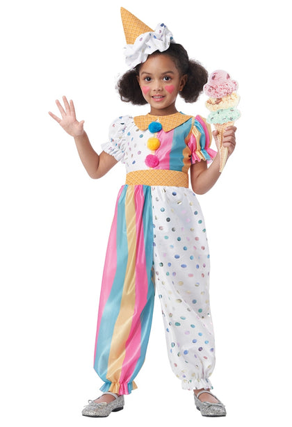 Product Description: A colorful clown as sweet as ice cream. The Sweet Treats Clown toddler costume is a one piece jumpsuit in pastel fabrics. It features brightly colored pom-poms, waffle printed belt (across the front half) and hat with matching ruffle.  Component Included: Jumpsuit Hat