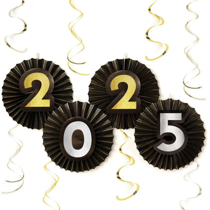 2025 New Years Fan & Swirl Deco Kit - Black, Silver, Gold