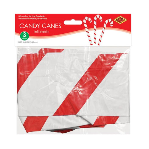 Packaged inflatable candy canes with red and white stripes on a white background