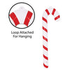 Red and white striped candy cane with a loop for hanging on a white background
