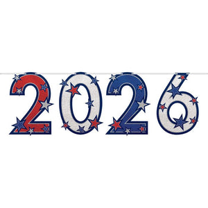 Decorative banner with '2026' in red, white, and blue on a white background