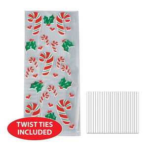 Packaging of candy cane and holly leaf designs with twist ties included on a white background.