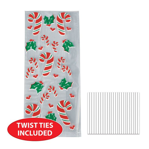 Packaging of candy cane and holly leaf designs with twist ties included on a white background.